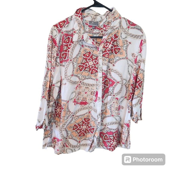 JM Collection Tops - JM Collection pink, peach, and white button down blouse. Size Large.